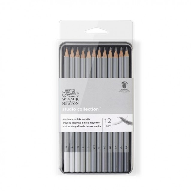 Winsor & Newton Μεταλλική Κασετίνα 12 Μολύβια Γραφίτη Medium Studio Collection