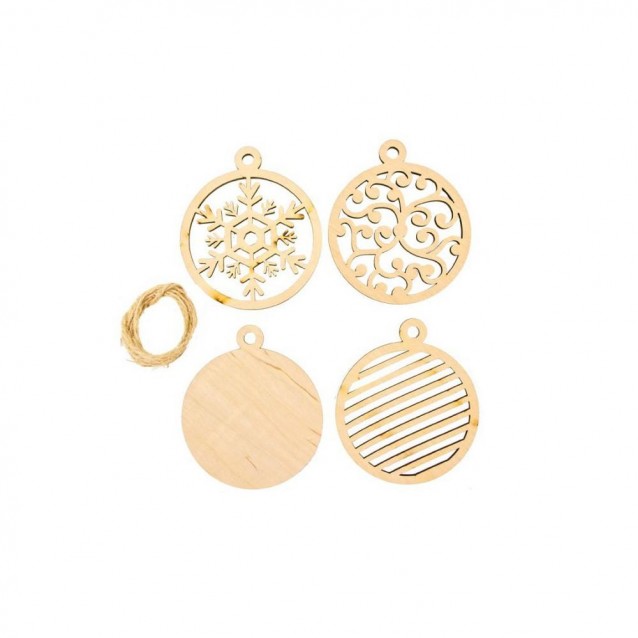 Rosa 4 Ξύλινες Χριστ/κες Διακοσμητικές Μπάλες Πλακέ Φ 8cm