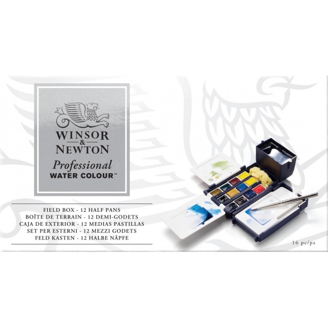 Winsor & Newton Professional Watercolor Field Box με 12 Half Pans, Πινέλο και Σφουγγαράκι