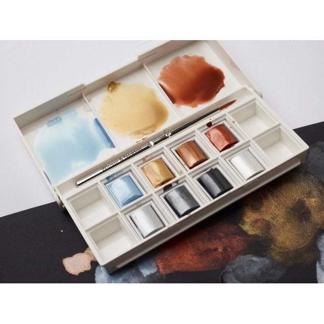 Winsor & Newton Cotman Κασετίνα με 8 Πλακάκια Ακουαρέλας & Πινέλο Metallic