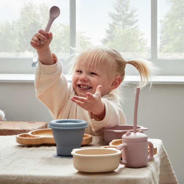Bambino Βρεφικό Σετ με Σαλιάρα, Μπωλ και Κουτάλι Σιλικόνης Μπλε/Γκρι