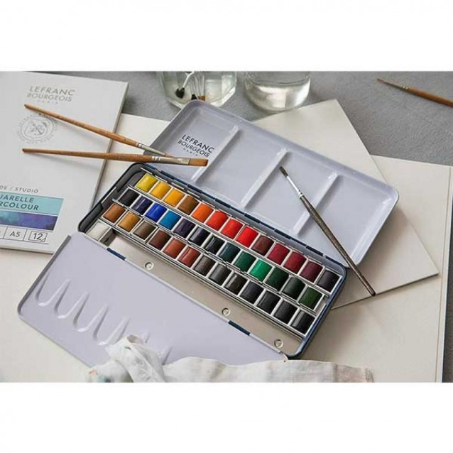 Lefranc & Bourgeois Μεταλλική Κασετίνα με 40 Fine Half Pans Ακουαρέλας & Πινέλο