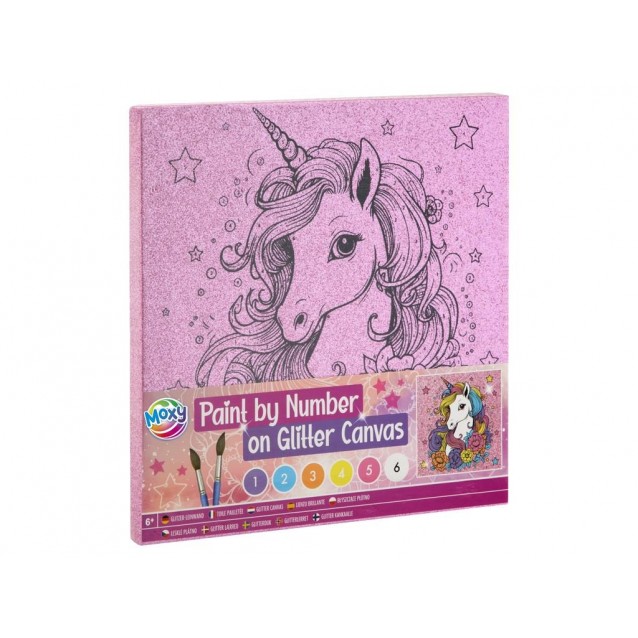 Moxy Ζωγραφική με Νούμερα Glitter Τελάρο 25x25cm με 6 Χρώματα & Πινέλα Μονόκερος
