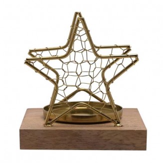 Celestial Κηροπήγιο Χρυσό Αστέρι με Πλεγμένο Σύρμα σε Ξύλινη Βάση Μικρό