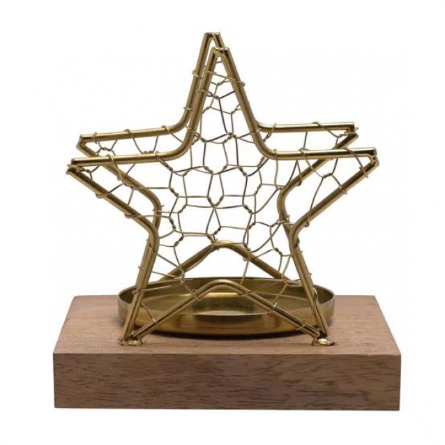 Celestial Κηροπήγιο Χρυσό Αστέρι με Πλεγμένο Σύρμα σε Ξύλινη Βάση Μικρό