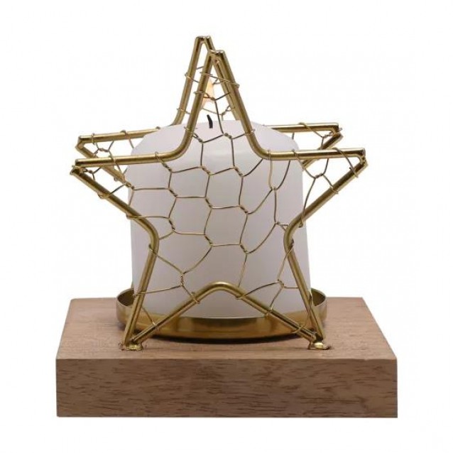 Celestial Κηροπήγιο Χρυσό Αστέρι με Πλεγμένο Σύρμα σε Ξύλινη Βάση Μικρό