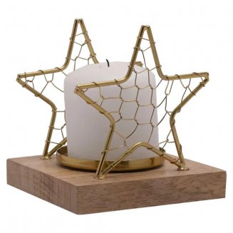 Celestial Κηροπήγιο Χρυσό Αστέρι με Πλεγμένο Σύρμα σε Ξύλινη Βάση Μικρό