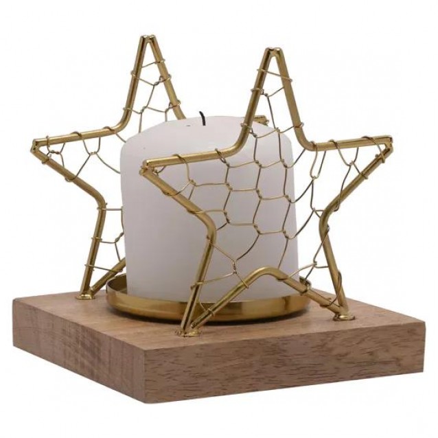 Celestial Κηροπήγιο Χρυσό Αστέρι με Πλεγμένο Σύρμα σε Ξύλινη Βάση Μικρό