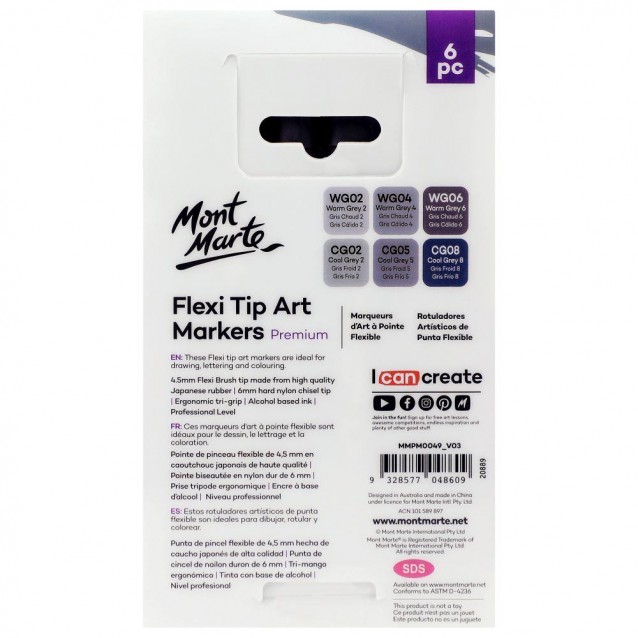 Mont Marte 6 Flexi Tip Art Markers (4,5 & 6,0mm) Grey Tones