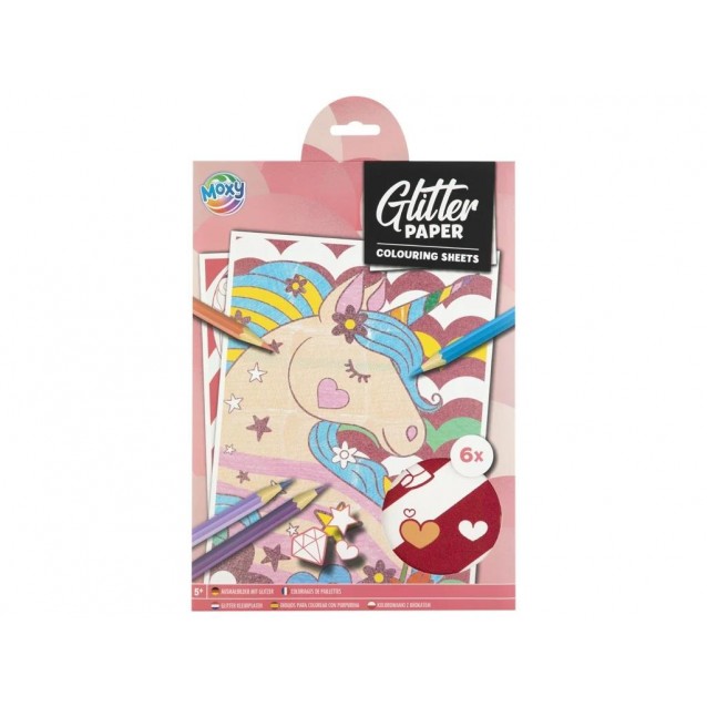 Moxy 6 Προσχεδιασμένα Glitter Χαρτιά A4 Μονόκερος