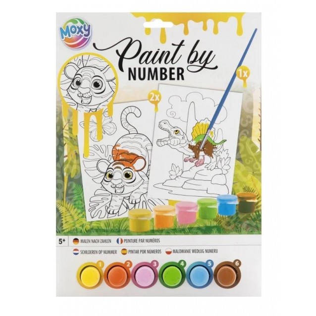 Moxy Ζωγραφική Με Νούμερα 2 Σχέδια Α4 με 6 Χρώματα & Πινέλο Δεινόσαυροι