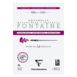 Clairefontaine Μπλοκ Ακουαρέλας Fontaine Extra White 12 Φύλλων 21x29,7cm Cold Pressed (Λεπτόκοκκο) 300gr 100% βαμβάκι