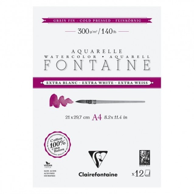 Clairefontaine Μπλοκ Ακουαρέλας Fontaine Extra White 12 Φύλλων 21x29,7cm Cold Pressed (Λεπτόκοκκο) 300gr 100% βαμβάκι