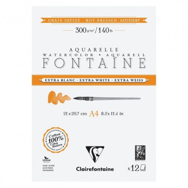 Clairefontaine Μπλοκ Ακουαρέλας Fontaine Extra White 12 Φύλλων 21x29,7cm Hot Pressed (Satine) 300gr 100% βαμβάκι