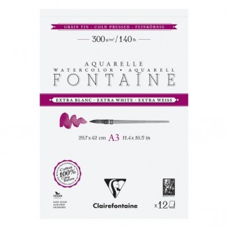 Clairefontaine Μπλοκ Ακουαρέλας Fontaine Extra White 12 Φύλλων 29,7x42cm Cold Pressed (Λεπτόκοκκο) 300gr 100% βαμβάκι
