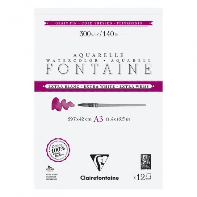 Clairefontaine Μπλοκ Ακουαρέλας Fontaine Extra White 12 Φύλλων 29,7x42cm Cold Pressed (Λεπτόκοκκο) 300gr 100% βαμβάκι