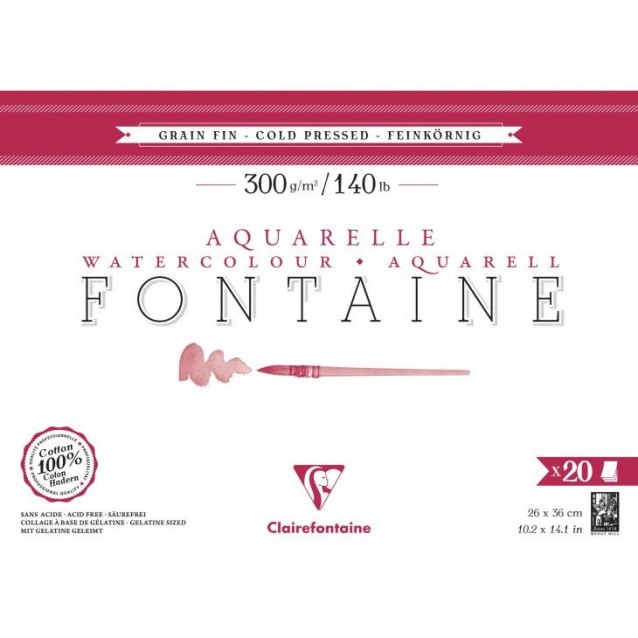 Clairefontaine Μπλοκ Ακουαρέλας Κολλητό Fontaine 20 Φύλλων 26x36cm Cold Pressed (Λεπτόκοκκο) 300gr 100% από Βαμβάκι