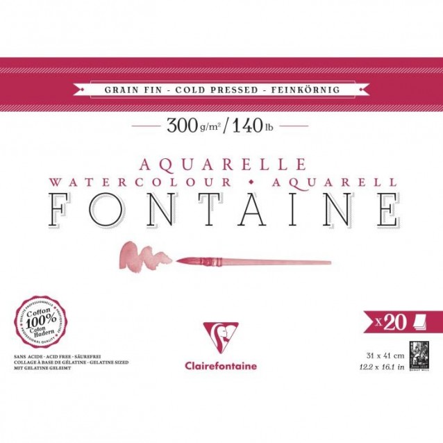 Clairefontaine Μπλοκ Ακουαρέλας Κολλητό Fontaine 20 Φύλλων 31x41cm Cold Pressed (Λεπτόκοκκο) 300gr 100% από Βαμβάκι