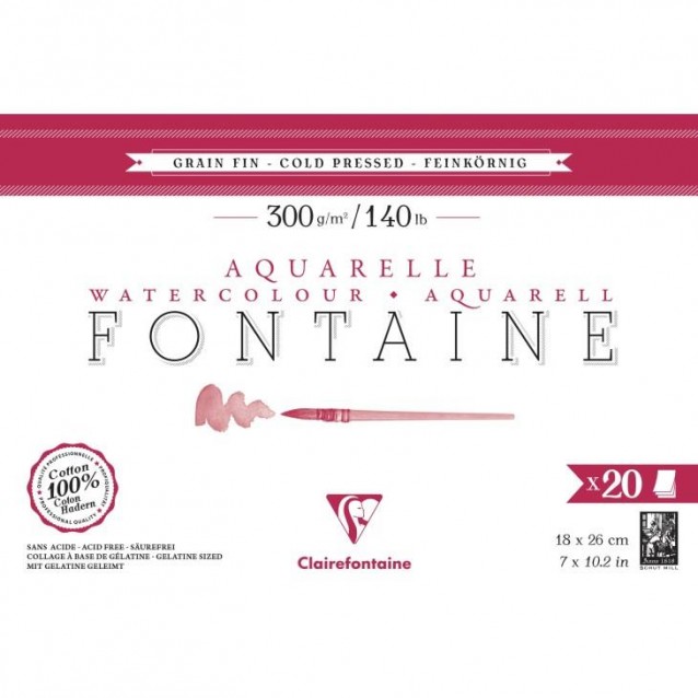 Clairefontaine Μπλοκ Ακουαρέλας Κολλητό Fontaine 20 Φύλλων 18x26cm Cold Pressed (Λεπτόκοκκο) 300gr 100% από Βαμβάκι