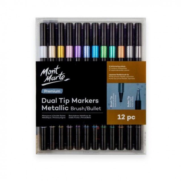 Mont Marte 12 Μαρκαδόροι Νερου Διπλής Μύτης (Brush & Bullet) Μεταλ. Αποχρ.