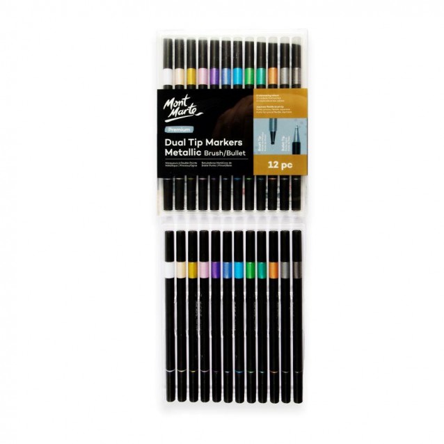 Mont Marte 12 Μαρκαδόροι Νερου Διπλής Μύτης (Brush & Bullet) Μεταλ. Αποχρ.