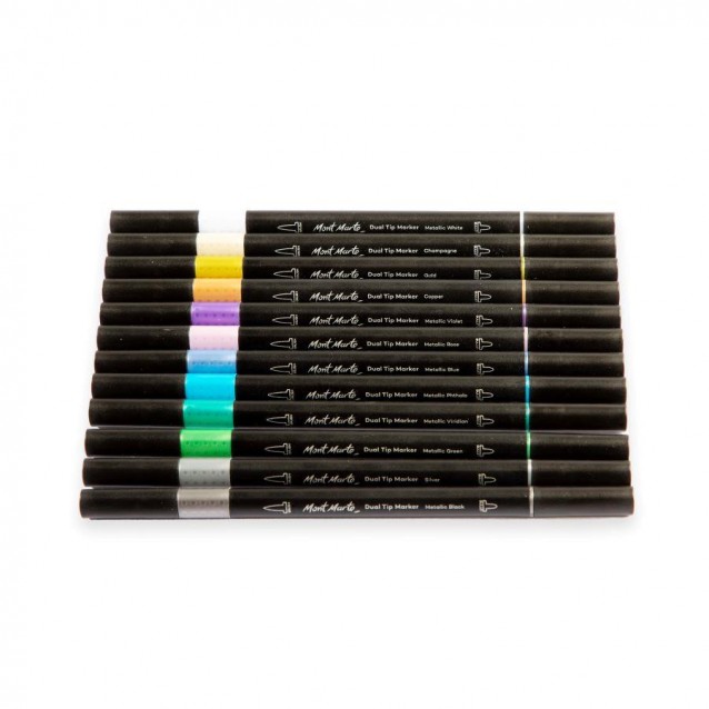 Mont Marte 12 Μαρκαδόροι Νερου Διπλής Μύτης (Brush & Bullet) Μεταλ. Αποχρ.