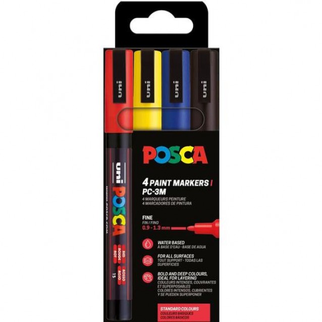 Posca 4 Μαρκαδόροι PC-3M Λεπτοί 0,9-1,3mm Βασικά Χρώματα
