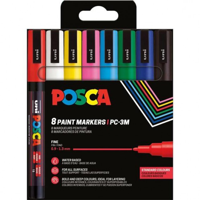 Posca 8 Μαρκαδόροι PC-3M Λεπτοί 0,9-1,3mm Βασικά Χρώματα