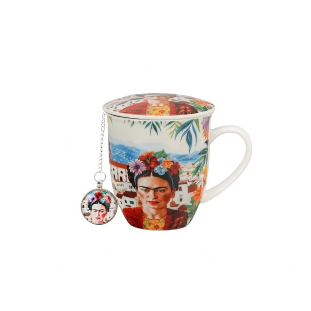 Πορσελάνινη Κούπα 400ml με Καπάκι & Φίλτρο Τσαγιού Tag Red Frida