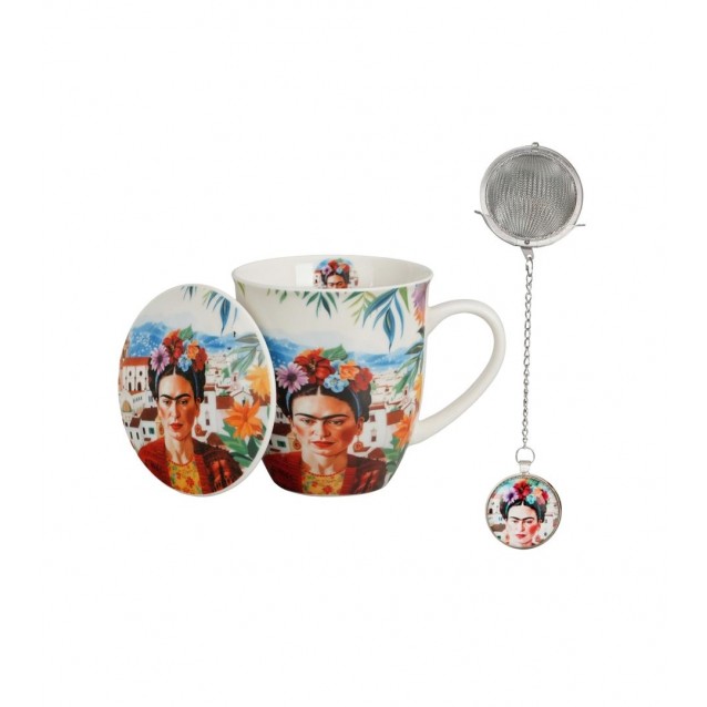 Πορσελάνινη Κούπα 400ml με Καπάκι & Φίλτρο Τσαγιού Tag Red Frida