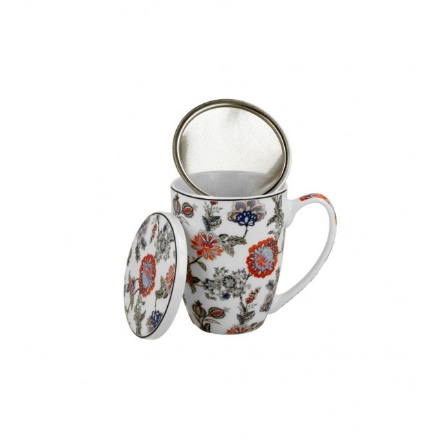 Πορσελάνινη Κούπα Ethnic 360ml με Καπάκι & Φίλτρο Τσαγιού Sahat White