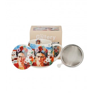 Πορσελάνινη Κούπα Barrel 430ml με Καπάκι & Φίλτρο Τσαγιού Red Frida