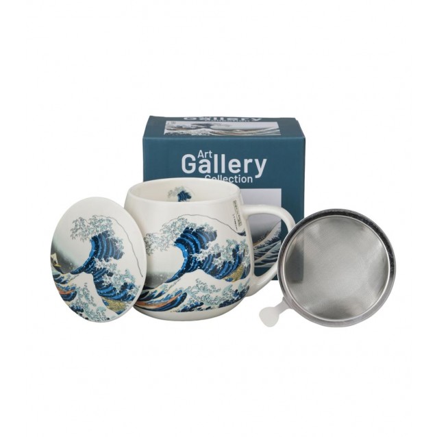 Πορσελάνινη Κούπα Barrel 430ml με Καπάκι & Φίλτρο Τσαγιού The Great Wave Katsushika Hokusai