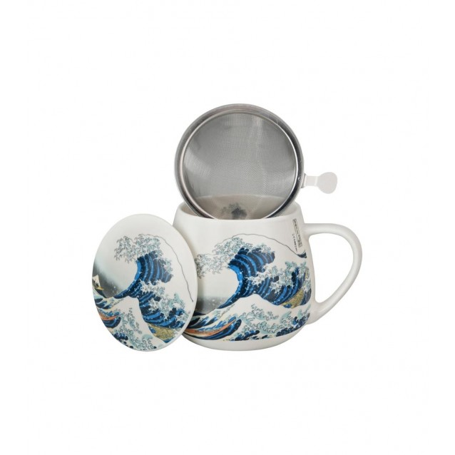 Πορσελάνινη Κούπα Barrel 430ml με Καπάκι & Φίλτρο Τσαγιού The Great Wave Katsushika Hokusai