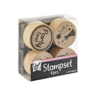 Craft ID Σετ 4 Ξυλινες Στρογγυλές Σφραγίδες με 4 Ταμπόν Party Time