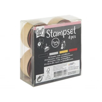 Craft ID Σετ 4 Ξυλινες Στρογγυλές Σφραγίδες με 4 Ταμπόν Party Time