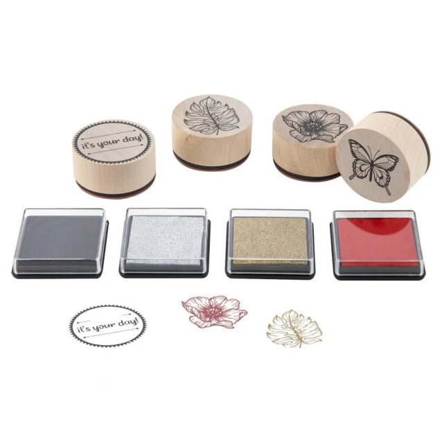 Craft ID Σετ 4 Ξυλινες Στρογγυλές Σφραγίδες με 4 Ταμπόν It’s your Day