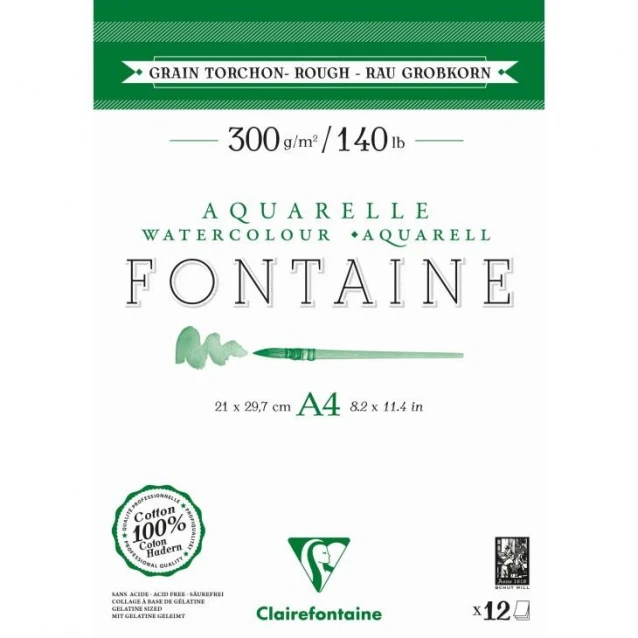 Clairefontaine Μπλοκ Ακουαρέλας Fontaine 12 Φύλλων 21x29,7cm Rough Grain (Τραχύ) 300gr 100% από Βαμβάκι