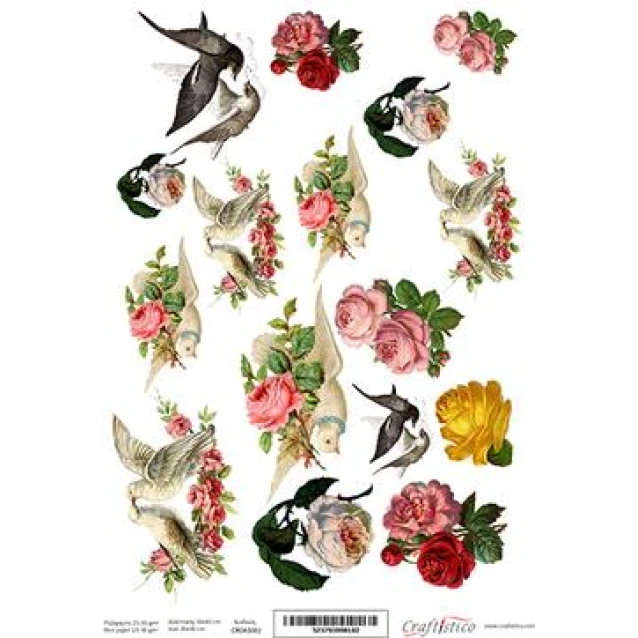 Craftistico Ριζόχαρτο Decoupage 30x40cm Vintage Τριαντάφυλλα με Περιστέρια