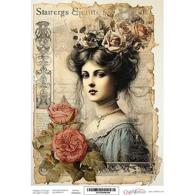 Craftistico Ριζόχαρτο Decoupage 30x40cm Vintage Γυναίκα με Τριαντάφυλλα